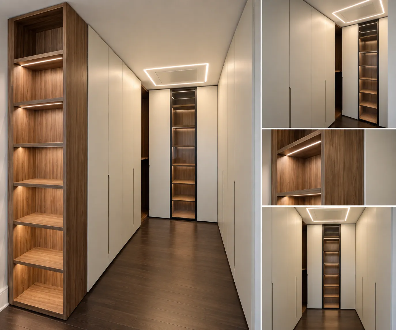 AI-generated rendering: custom floor-to-ceiling two-tone wardrobe in cream and walnut with lit shelving, shown from three angles